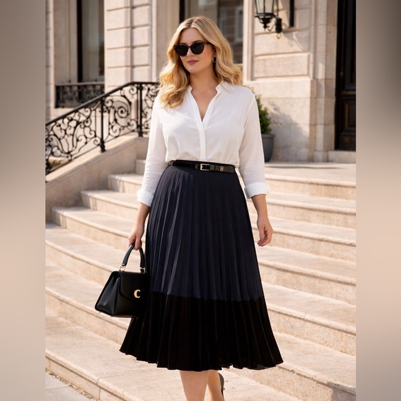 Sandro Dresses & Skirts - Sandro Pleated Two-Tone Maxi Skirt Size 3 Velvet Trim Quiet Luxury Belted Chic